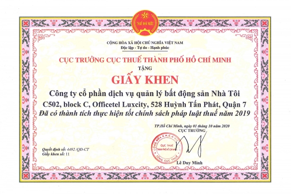 MY HOUSE vinh dự được nhận Giấy khen của Cục thuế TPHCM về thành tích thực hiện tốt chính sách pháp luật thuế năm 2019. MY HOUSE vinh dự được nhận Giấy khen của Cục thuế TPHCM về thành tích thực hiện tốt chính sách pháp luật thuế năm 2019.